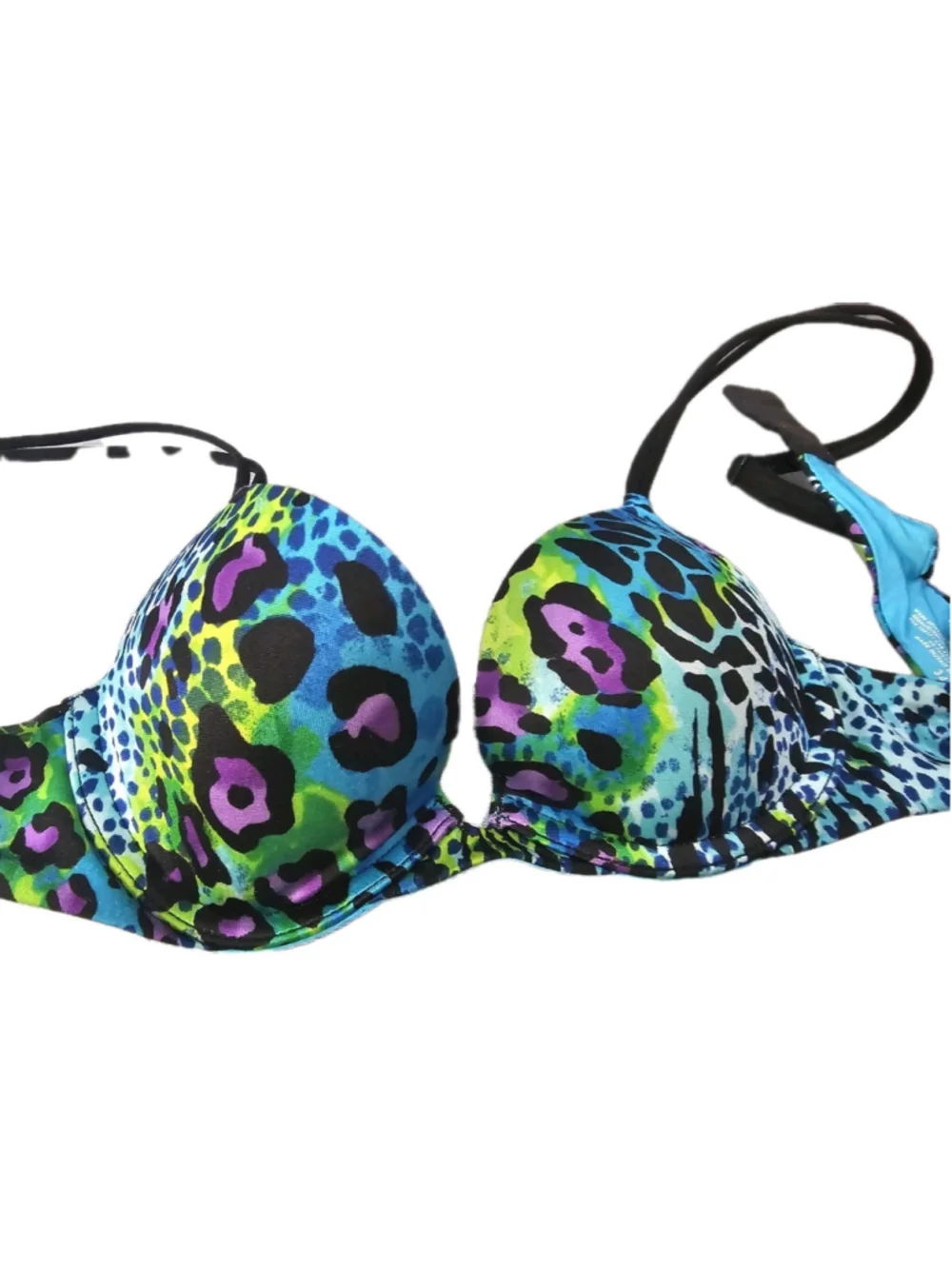 Victoria’s Secret neon leopard print padded Push Up Animal Print Blue Bra 34AA - Picture 3 of 9